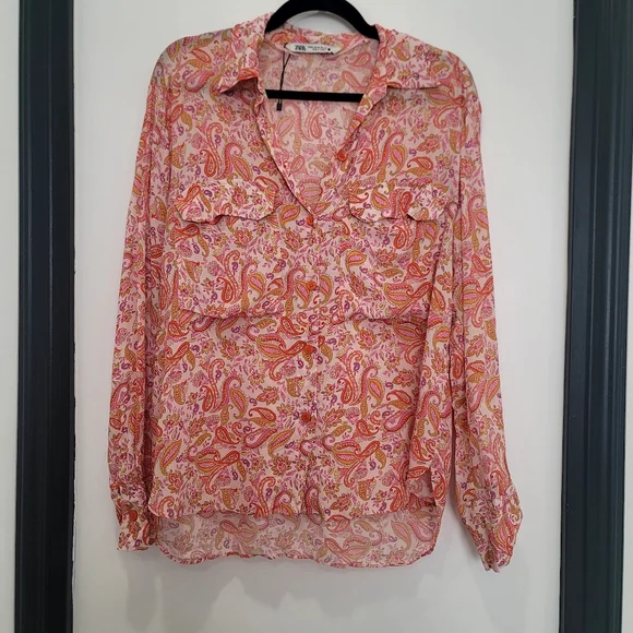 ​Zara Paisley Print Button-Down Blouse Pink & Orange Boho Shirt  M 100% Viscose - Picture 9 of 10